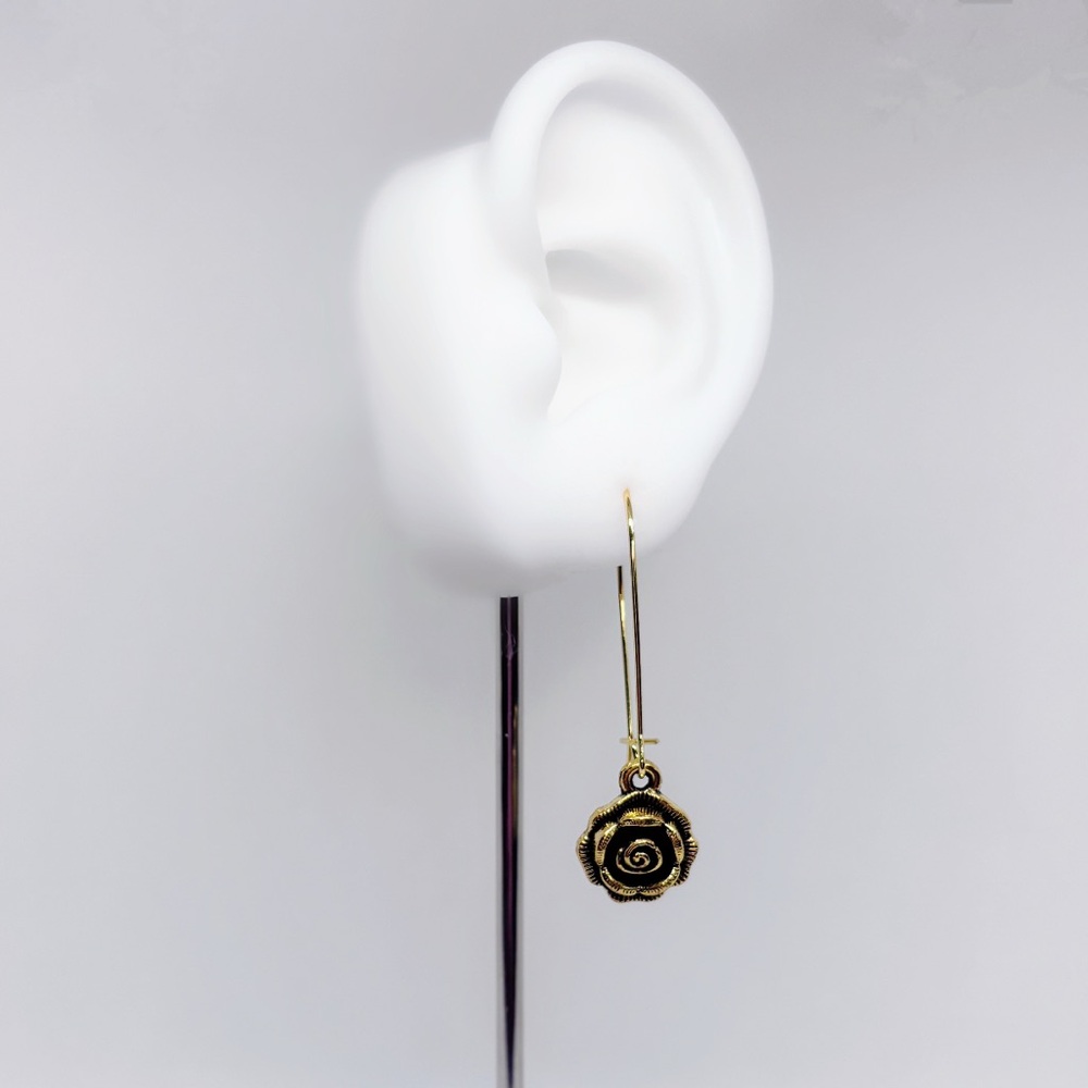 Artisan Handcrafted Antiqued Brass Long Kidney Wire Detailed Rose Earrings! - Picture 6 of 7